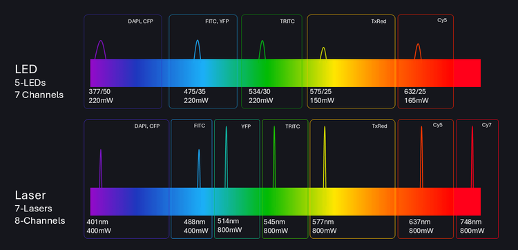 Especificaciones de las fuentes de luz láser y LED
